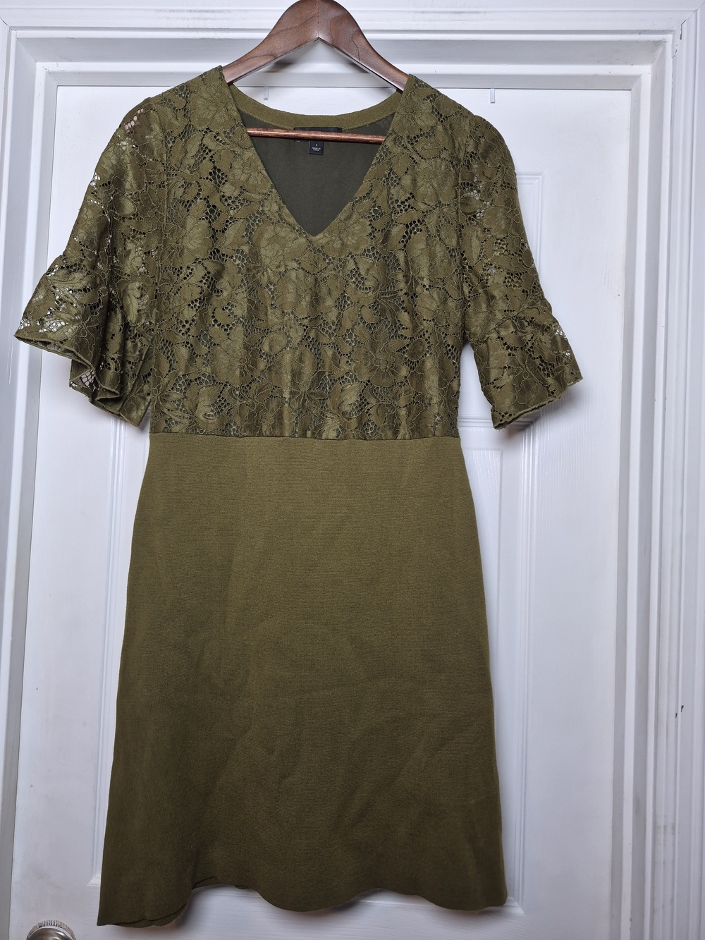 Ann Taylor Olive Lace Mix V-Neck Dress Small
